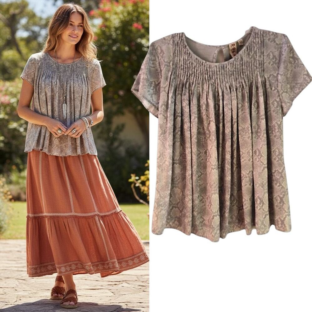 Anthropologie Dolan Left Coast Collection Blouse Size M Pleated Snakeskin Print